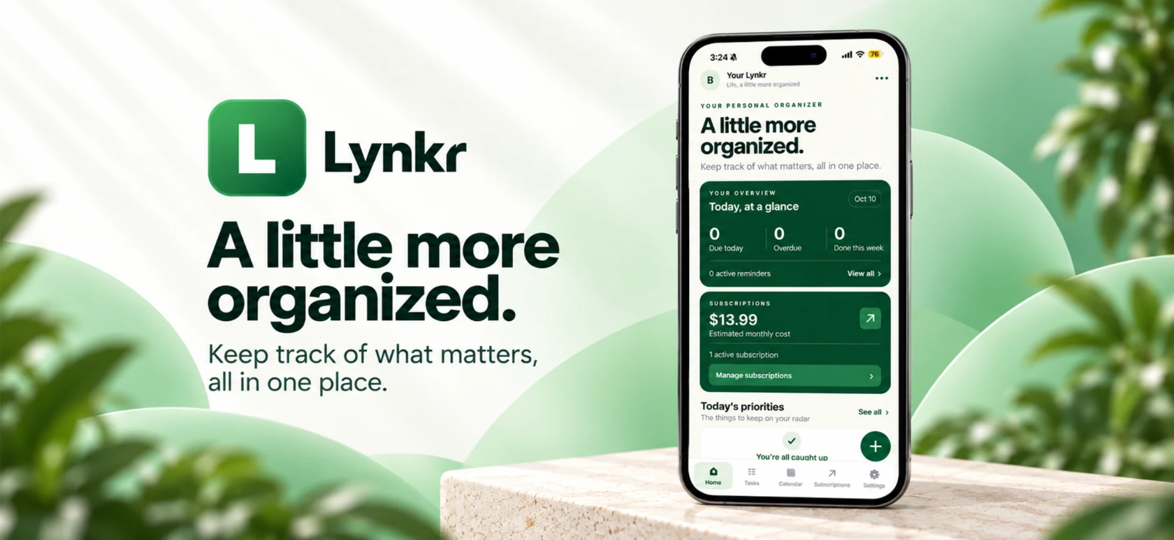 A marketing image showing Lynkr’s Home dashboard and reminder overview