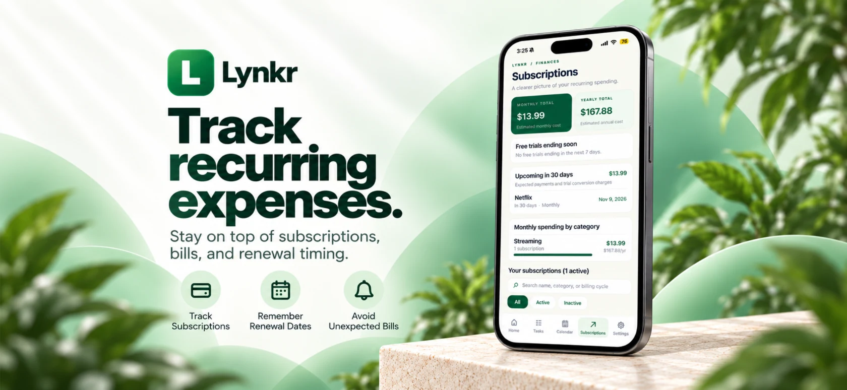 A marketing image featuring Lynkr’s subscription tracking dashboard