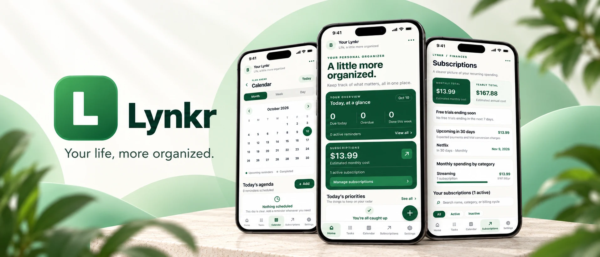 Lynkr app logo alongside three app screen previews showing the Home, Calendar and Subscriptions views